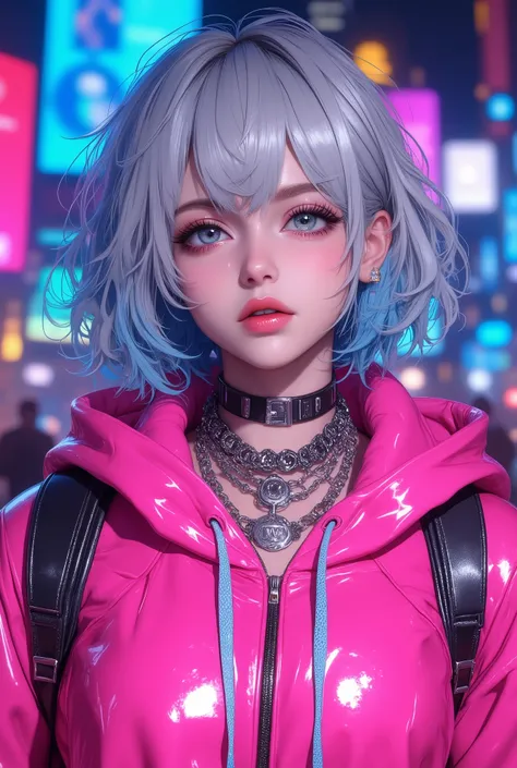 Superb Masterpiece High Quality High Definition Beautiful 8K Semi-Real 2.5Anime style digital anime art cute woman, Light Blue and Silver Hair Color, short bob,, Colorful Backgrounds, She's Wearing a Shocking Pink Hoodie, Piercings galore, Punk and Bad Gi...