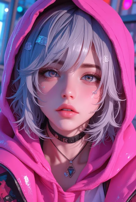 Superb Masterpiece High Quality High Definition Beautiful 8K Semi-Real 2.5Anime style digital anime art cute woman, Light Blue and Silver Hair Color, short bob,, Colorful Backgrounds, She's Wearing a Shocking Pink Hoodie, Piercings galore, Punk and Bad Gi...