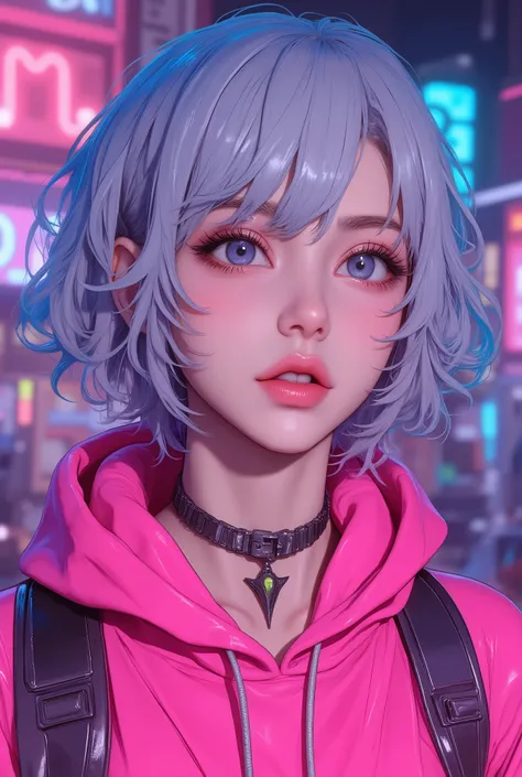 Superb Masterpiece High Quality High Definition Beautiful 8K Semi-Real 2.5Anime style digital anime art cute woman, Light Blue and Silver Hair Color, short bob,, Colorful Backgrounds, She's Wearing a Shocking Pink Hoodie, Piercings galore, Punk and Bad Gi...