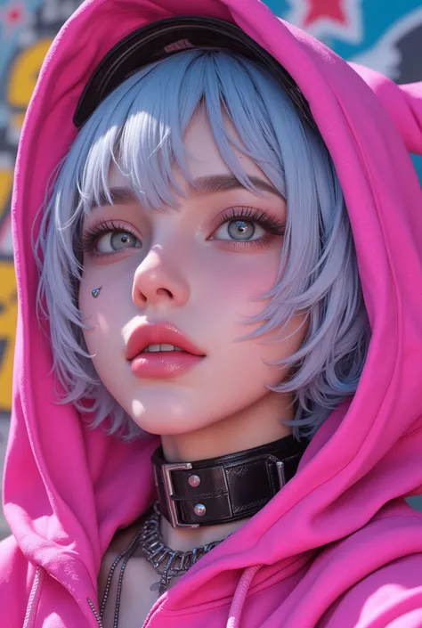 Superb Masterpiece High Quality High Definition Beautiful 8K Semi-Real 2.5Anime style digital anime art cute woman, Light Blue and Silver Hair Color, short bob,, Colorful Backgrounds, She's Wearing a Shocking Pink Hoodie, Piercings galore, Punk and Bad Gi...