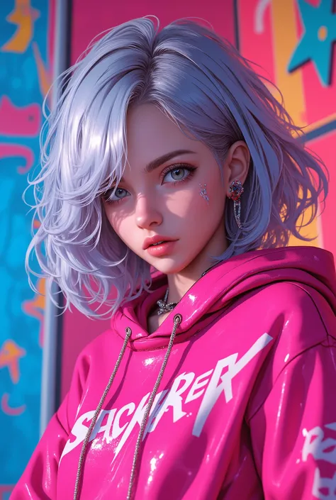 Superb Masterpiece High Quality High Definition Beautiful 8K Semi-Real 2.5Anime style digital anime art cute woman, Light Blue and Silver Hair Color, short bob,, Colorful Backgrounds, She's Wearing a Shocking Pink Hoodie, Piercings galore, Punk and Bad Gi...