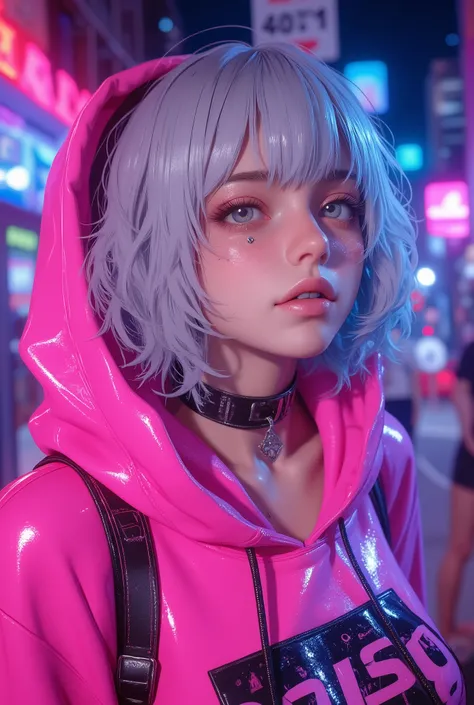 Superb Masterpiece High Quality High Definition Beautiful 8K Semi-Real 2.5Anime style digital anime art cute woman, Light Blue and Silver Hair Color, short bob,, Colorful Backgrounds, She's Wearing a Shocking Pink Hoodie, Piercings galore, Punk and Bad Gi...