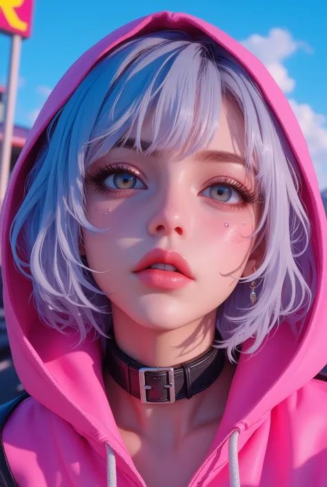 Superb Masterpiece High Quality High Definition Beautiful 8K Semi-Real 2.5Anime style digital anime art cute woman, Light Blue and Silver Hair Color, short bob,, Colorful Backgrounds, She's Wearing a Shocking Pink Hoodie, Piercings galore, Punk and Bad Gi...