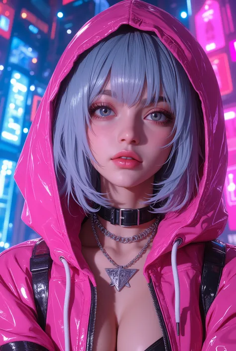 Superb Masterpiece High Quality High Definition Beautiful 8K Semi-Real 2.5Anime style digital anime art cute woman, Light Blue and Silver Hair Color, short bob,, Colorful Backgrounds, She's Wearing a Shocking Pink Hoodie, Piercings galore, Punk and Bad Gi...