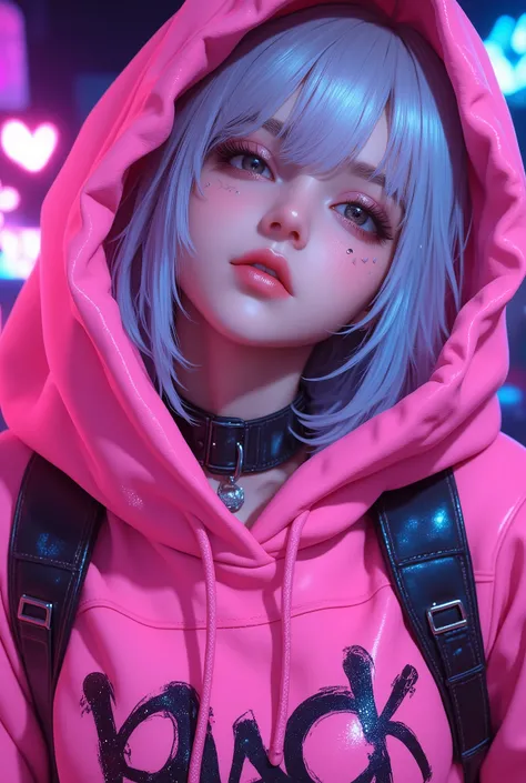 Superb Masterpiece High Quality High Definition Beautiful 8K Semi-Real 2.5Anime style digital anime art cute woman, Light Blue and Silver Hair Color, short bob,, Colorful Backgrounds, She's Wearing a Shocking Pink Hoodie, Piercings galore, Punk and Bad Gi...