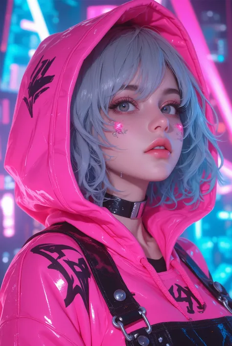 Superb Masterpiece High Quality High Definition Beautiful 8K Semi-Real 2.5Anime style digital anime art cute woman, Light Blue and Silver Hair Color, short bob,, Colorful Backgrounds, She's Wearing a Shocking Pink Hoodie, Piercings galore, Punk and Bad Gi...