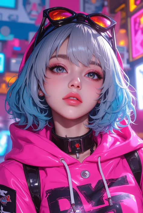Superb Masterpiece High Quality High Definition Beautiful 8K Semi-Real 2.5Anime style digital anime art cute woman, Light Blue and Silver Hair Color, short bob,, Colorful Backgrounds, She's Wearing a Shocking Pink Hoodie, Piercings galore, Punk and Bad Gi...