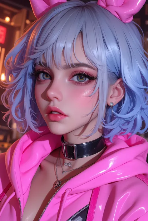 Superb Masterpiece High Quality High Definition Beautiful 8K Semi-Real 2.5Anime style digital anime art cute woman, Light Blue and Silver Hair Color, short bob,, Colorful Backgrounds, She's Wearing a Shocking Pink Hoodie, Piercings galore, Punk and Bad Gi...