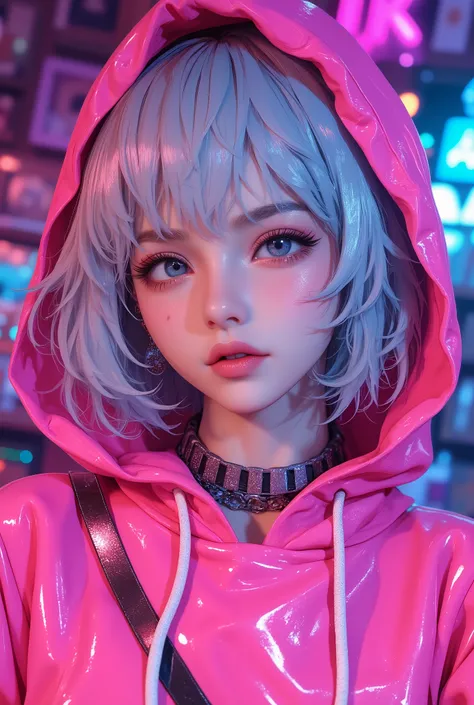 Superb Masterpiece High Quality High Definition Beautiful 8K Semi-Real 2.5Anime style digital anime art cute woman, Light Blue and Silver Hair Color, short bob,, Colorful Backgrounds, She's Wearing a Shocking Pink Hoodie, Piercings galore, Punk and Bad Gi...