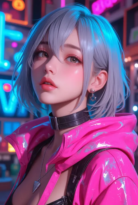 Superb Masterpiece High Quality High Definition Beautiful 8K Semi-Real 2.5Anime style digital anime art cute woman, Light Blue and Silver Hair Color, short bob,, Colorful Backgrounds, She's Wearing a Shocking Pink Hoodie, Piercings galore, Punk and Bad Gi...