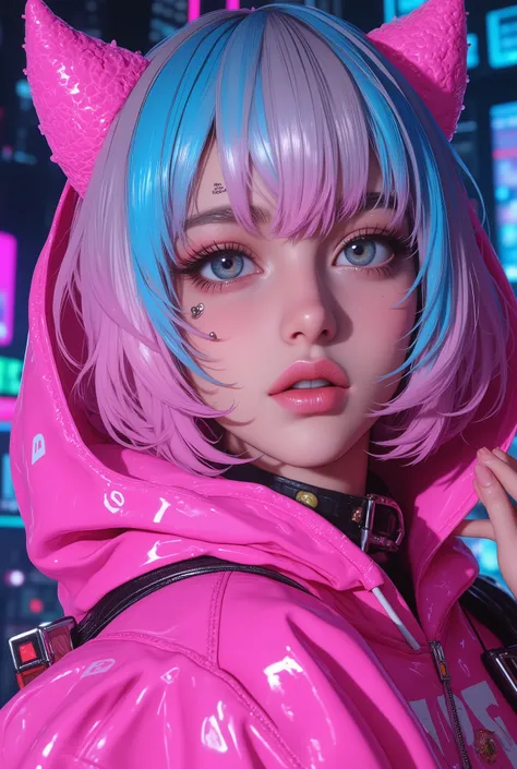 Superb Masterpiece High Quality High Definition Beautiful 8K Semi-Real 2.5Anime style digital anime art cute woman, Light Blue and Silver Hair Color, short bob,, Colorful Backgrounds, She's Wearing a Shocking Pink Hoodie, Piercings galore, Punk and Bad Gi...