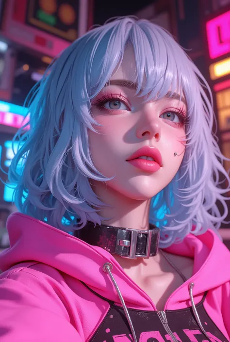 Superb Masterpiece High Quality High Definition Beautiful 8K Semi-Real 2.5Anime style digital anime art cute woman, Light Blue and Silver Hair Color, short bob,, Colorful Backgrounds, She's Wearing a Shocking Pink Hoodie, Piercings galore, Punk and Bad Gi...