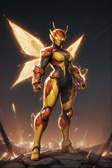 Hope van Dyne as Wasp from Marvel Rivals, designed in a futuristic multiplayer hero shooter style by NetEase Games. She wears an armored tactical exosuit with yellow and black insectoid plating, graphite-gray bodysuit details, glowing bio-electric stingers...