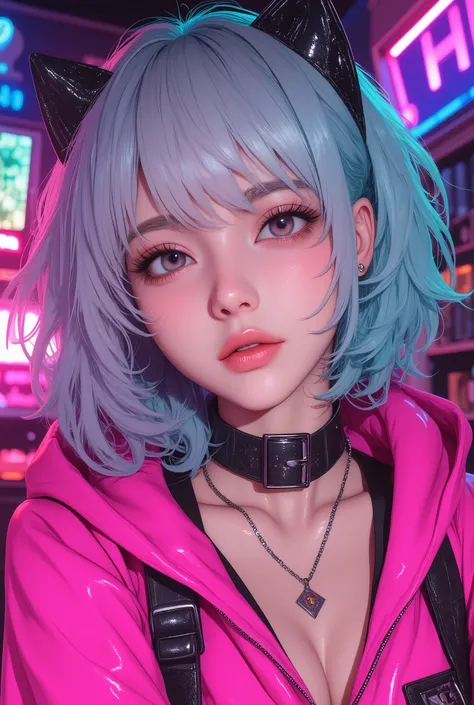 Superb Masterpiece High Quality High Definition Beautiful 8K Semi-Real 2.5Anime style digital anime art cute woman, Light Blue and Silver Hair Color, short bob,, Colorful Backgrounds, She's Wearing a Shocking Pink Hoodie, Piercings galore, Punk and Bad Gi...