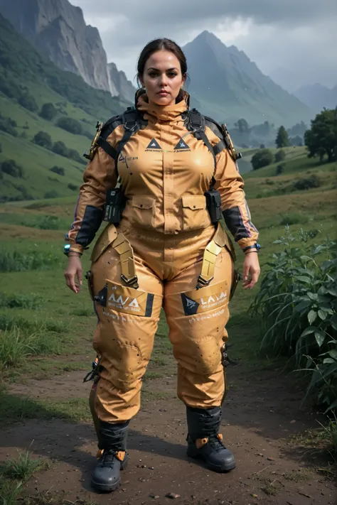 score_9_up,score_8_up,score_7_up,score_6_up,score_5_up,score_4_up,zPDXL,
standing,front view, mature female, serious face, heroic pose, one hand on hip, side, huge thick thighs
bridgesuit,triangle,raining,water drop,water in the background, staning in gras...