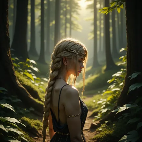 QMarika, ultra realistic photo of a blonde woman with braided hair walking on a forest