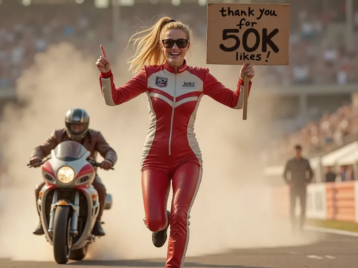 🌟 : high resolution, dynamisch, lively racing event atmosphere, slightly retro-smudged like an action-packed Racetrack snapshot.
🔥 : She holds up a hand-painted cardboard sign with the text: "Thak you for 50k likes!" , while her jumpsuit flutters in the wi...
