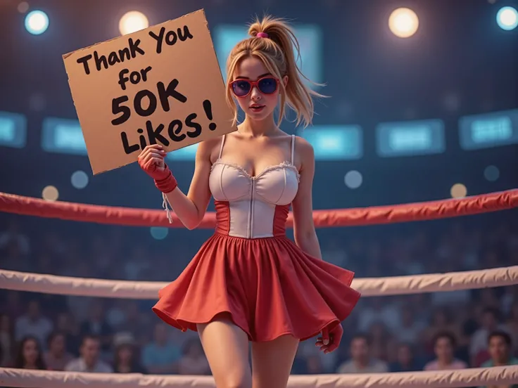 🌟 : high resolution, dynamisch, lively boxing ring atmosphere, slightly retro-smudged like an action-packed boxing ring snapshot.
🔥 : She holds up a hand-painted cardboard sign with the text: "Thak you for 50k likes!" , while her dress flutters — one foot ...
