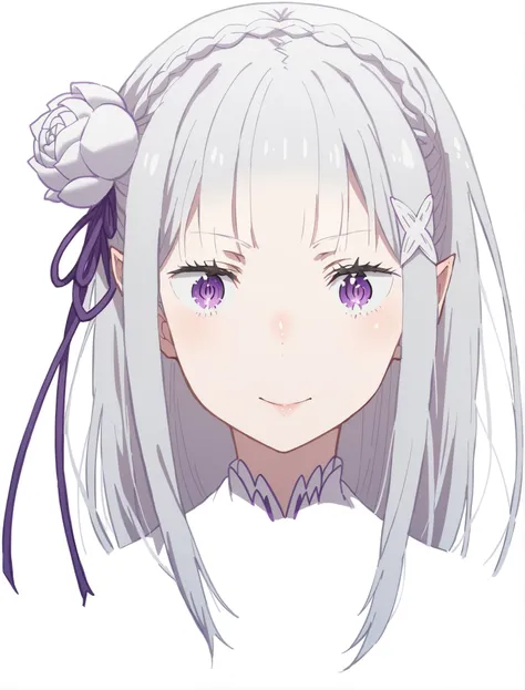 ((Emilia)),  girl, , naked, (very white skin), (smile), braid, crown braid, flower, hair flower, hair ornament, hair band, long hair, (detailed hair), purple eyes, white hair, bangs, x-shaped hair ornament, eyebrows, black eyelashes, nose, nostrils, mouth,...