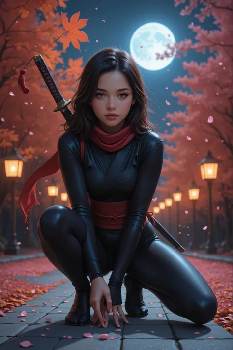 A full-body shot of a female ninja in mid-action pose at night, crouched slightly as if just landed, one knee bent, holding a katana in her hand, dark red scarf covering her nose and mouth, only her sharp blind eyes are visible, wearing tight dark ninja ou...
