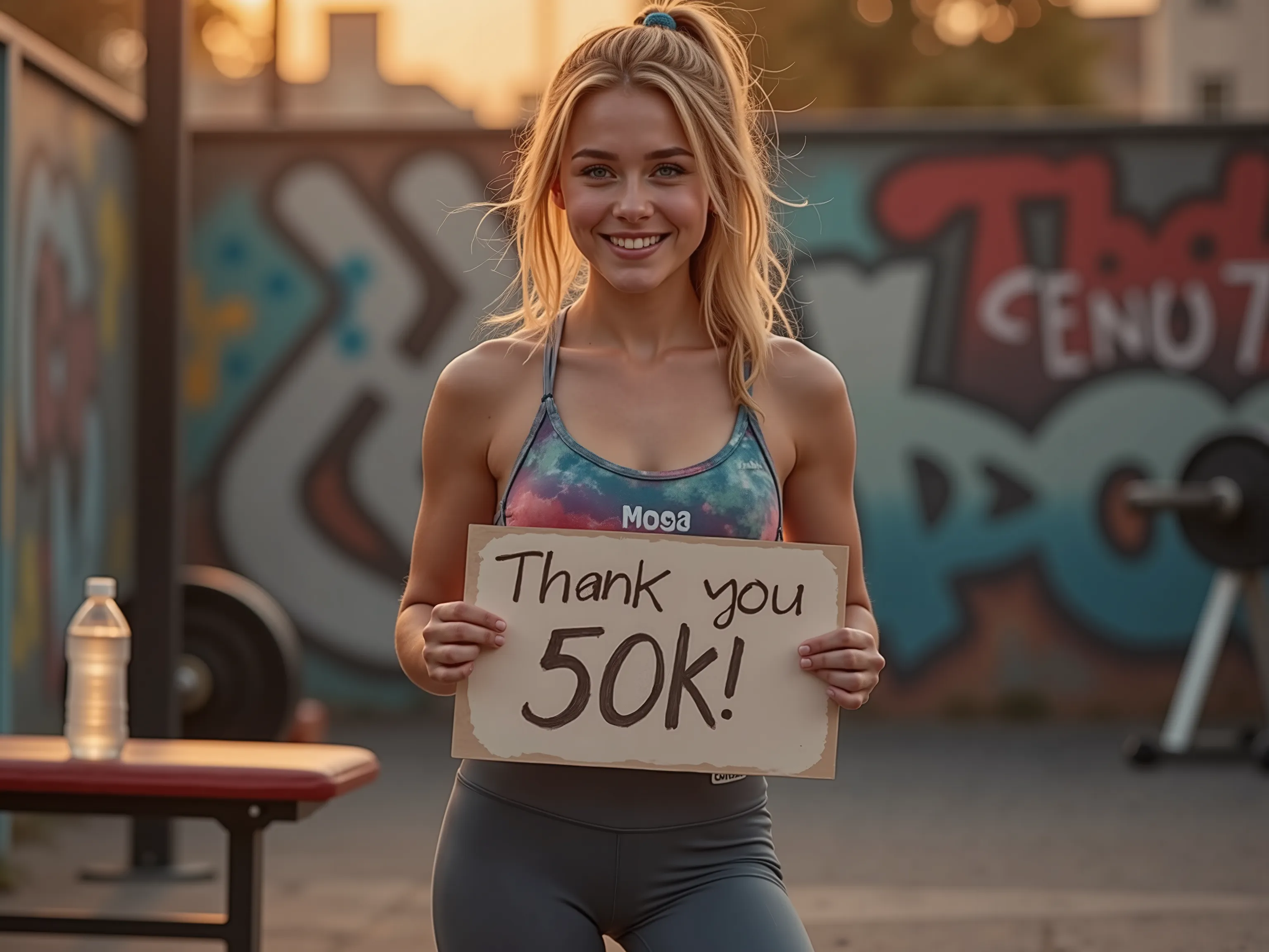 📸 Fotoprompt – „Thank You for 50K!“ – Verführerische Sportlerin

🎭 Konzept:
An athletic-elegant young woman appears surprisingly in a sporting environment — casually, self-confident and with a hand-painted thank you sign for her fans.
🏟️ Setting:

    Ort:...