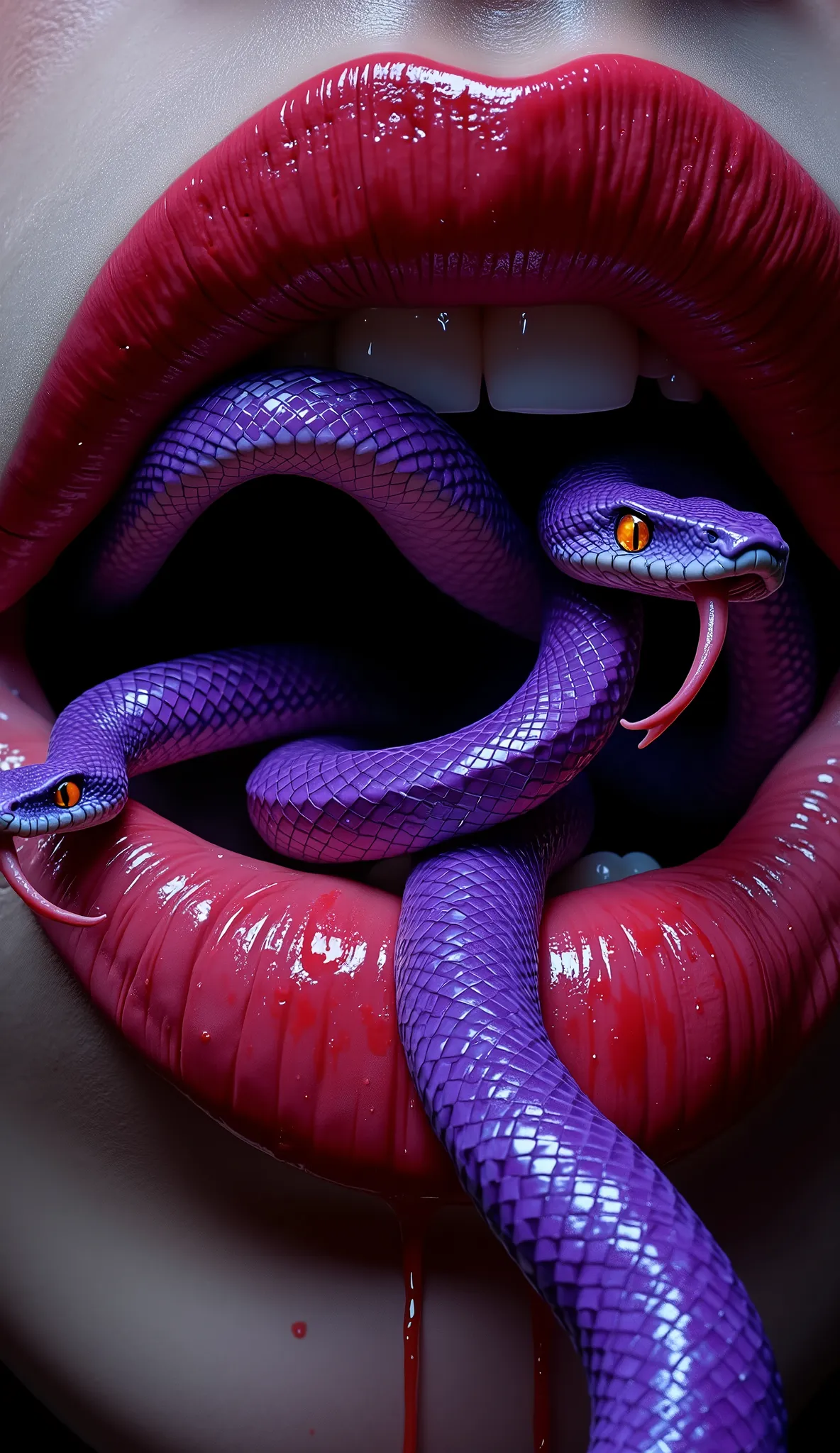 A hyper-realistic, high-detail close-up digital painting of a man's mouth, shot from a slightly low angle. His lips are parted and glossy deep red, sharply contrasted against pale, slightly textured skin. From within his mouth, two intertwined snakes emerg...