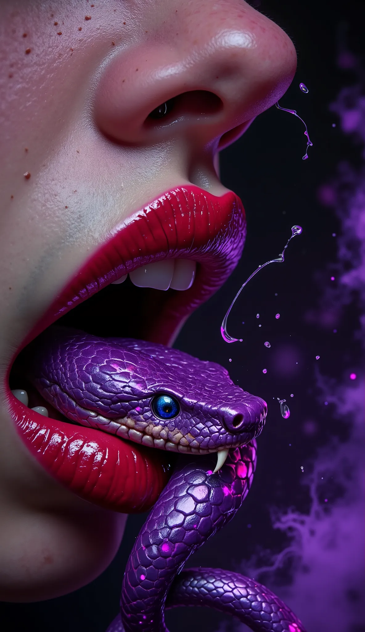A hyper-realistic, high-detail close-up digital painting of a man's mouth, shot from a slightly low angle. His lips are parted and glossy deep red, sharply contrasted against pale, slightly textured skin. From within his mouth, two intertwined snakes emerg...