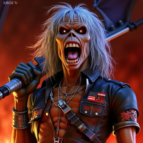 Masterpiece, best quality, hyper-realistic. eddie from iron maiden album cover. realistic textures, detailed, UHD, 4K. cinematic lighting