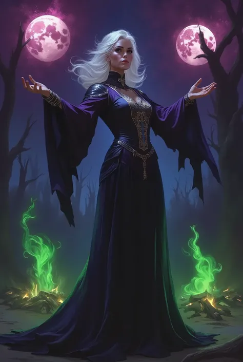 A dark fantasy theme of a female Dark Witch woman in medieval dress, on forest dark spell, in dynamic pose, twin moon in sky, bonfire. Glowing purple green and pink background lighting. (((Green spirits floateng on background))).