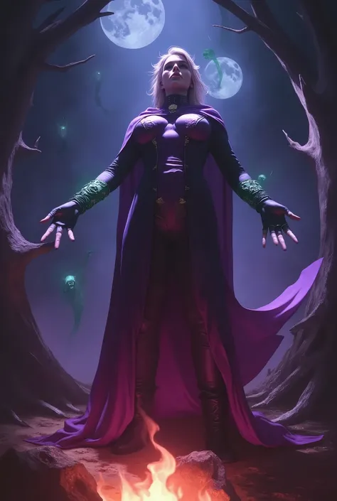 A dark fantasy theme of a female Dark Witch woman in medieval dress, on forest dark spell, in dynamic pose, twin moon in sky, bonfire. Glowing purple green and pink background lighting. (((Green spirits floateng on background))).