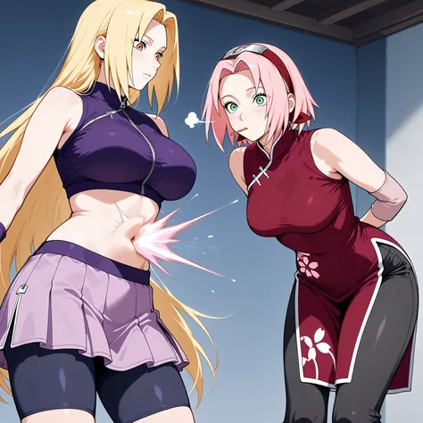 2 girls, fully clothed,[Haruno sakura, seen from the front, very long hair, fully clothed,sleeveless, dark red qipao-style blouse that covers stomach with a high collar and a zipper down the front, large breasts, dark capri-length leggings],  [Ino Yamanaka, seen from the side, purple crop top, large chest, long blonde hair, purple skirt, punches Sakura in the stomach],Sakura stunned gasping for air, Sakura slightly bent over