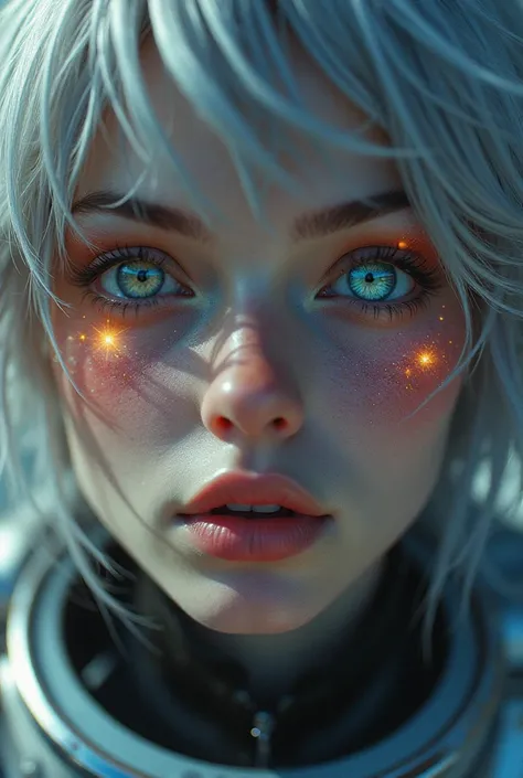 ( Masterpiece close-up :1.5)0.9]，( Space and astronauts :1.2) (Messy silver hair:1.1) ( Different yellow and blue eyes:1.2) ( Casque spatial :1.0) ( colorful stars in the eyes :1.0) ( Dazzling light :1.1) (Thick lip :0.9)
