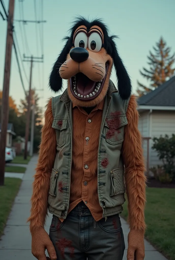 Goofy as a 7-foot-tall human-dog hybrid with patchy fur, bloodshot eyes, and a stretched smile. Wearing his classic vest but stained and torn. Standing in a suburban neighborhood at dusk, style of 'Twin Peaks' meets 'Who Framed Roger Rabbit', 8K