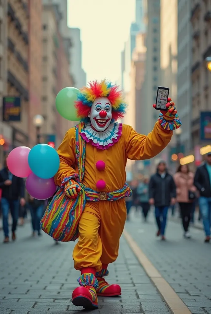 A delivery clown filming his work on his phone