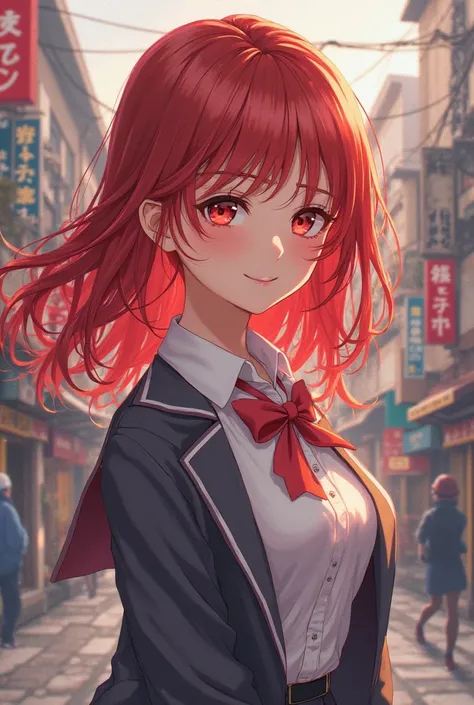  Redheaded with red eyes anime, smile, medium_breast, school uniform, delicate detail intrincate, street, posing 