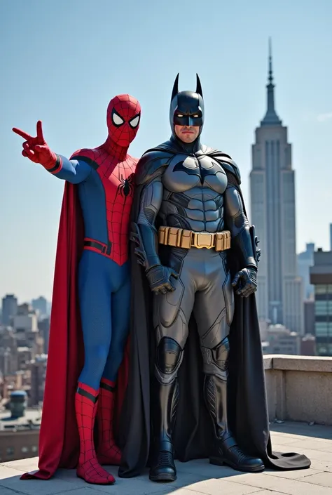  bright daytime 、Spider-Man poses lightly on the roof of a city、Iron Man、Batman stands shoulder to shoulder and peace sign facing the camera。Spider-Man poses lightly、Iron Manはスーツの手でVサイン、Batman is slightly shy yet modestly peace with his fingers。The background is a blue sky and a skyscraper、A scene where the heroes ooze with their rare friendship and peaceful atmosphere