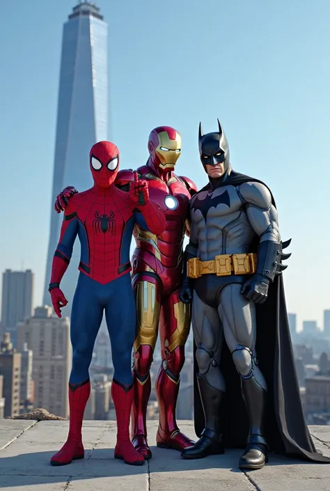  bright daytime 、Spider-Man poses lightly on the roof of a city、Iron Man、Batman stands shoulder to shoulder and peace sign facing the camera。Spider-Man poses lightly、Iron Manはスーツの手でVサイン、Batman is slightly shy yet modestly peace with his fingers。The background is a blue sky and a skyscraper、A scene where the heroes ooze with their rare friendship and peaceful atmosphere