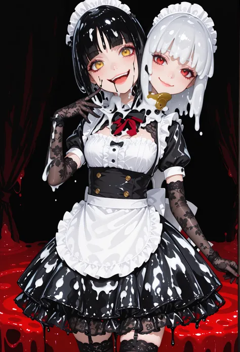 Twin-headed girl. (White hair. Red eyes. Sarcastic smile.) (Black hair. Yellow eyes. Suspicious expression.) Maid outfit. Slime girl. Melting skirt. Black slime dripping. Black lace gloves.