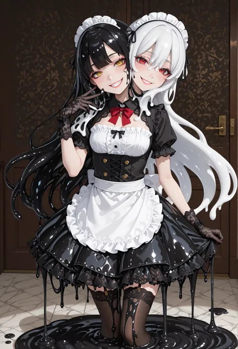 Twin-headed girl. (White hair. Red eyes. Sarcastic smile.) (Black hair. Yellow eyes. Suspicious expression.) Maid outfit. Slime girl. Melting skirt. Black slime dripping. Black lace gloves.