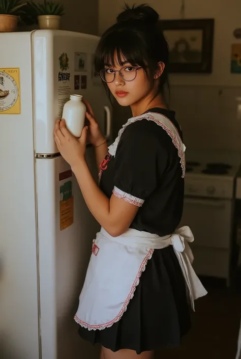 ((Highest Quality、masterpiece、high sensitivity、high resolution、detailed depiction、Delicate face、Ｆvalue：6.0),((Slender Woman、wearing glasses)),Maid Outfit、apron skirt、high socks with ribbons、Take the milk bottle out of the refrigerator、