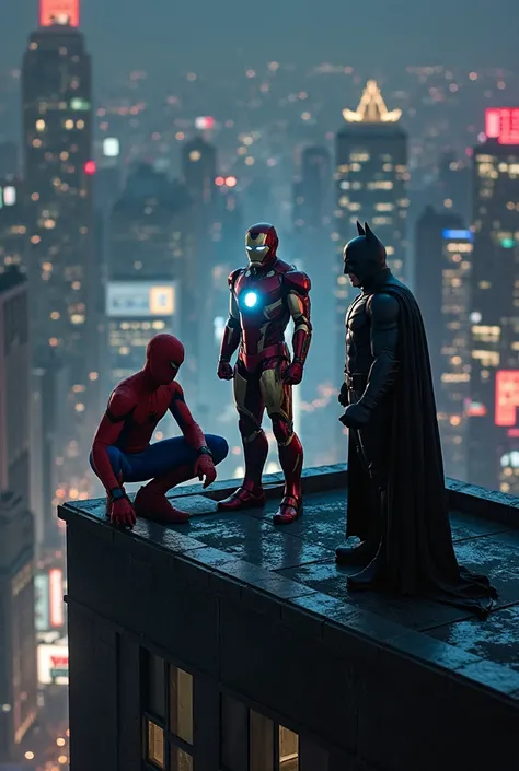 A cinematic night scene on top of a tall city skyscraper. Spider-Man crouches at the edge of the rooftop in a dynamic pose, his suit catching reflections from city lights. Iron Man stands confidently in the center, his arc reactor glowing brightly in the chestplate, casting a soft light on the others. Batman stands slightly in the shadows, his cape flowing in the wind, watching the city below. The skyline sparkles behind them, neon signs and skyscraper lights painting the night. A perfect contrast of light, shadow, and heroic presence.