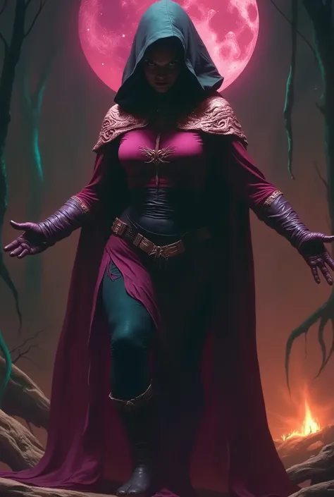 A dark fantasy theme of a female Dark Witch woman in medieval dress, on forest dark spell, in dynamic pose, twin moon in sky, bonfire. Glowing purple green and pink background lighting. (((Green gohsts floating on background))).