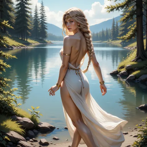 QMarika, ultra realistic photo of a blonde woman with braided hair walking near a lake