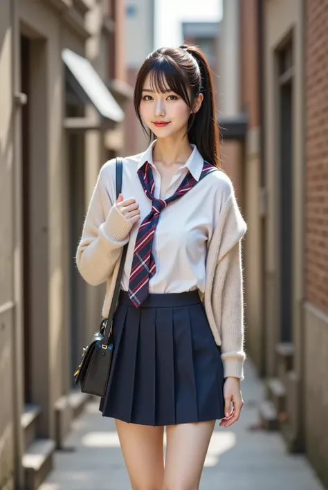 A stunning slender young woman with voluminous full breasts and prominently displayed deep cleavage walks confidently down a narrow urban alleyway, positioned facing the camera with her body at a slight three-quarter angle, her left arm raised gracefully w...