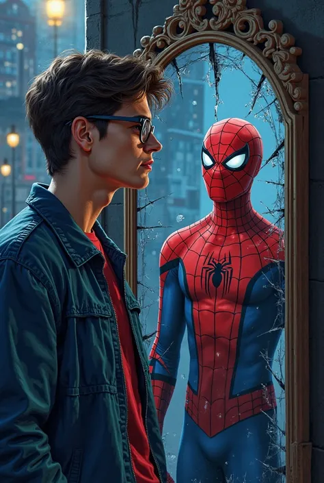 A dramatic and cinematic illustration that represents the Spider-Man's dual identity (Peter Parker). on the left, Peter Parker in casual clothes  (blue jacket and red t-shirt, optional glasses), looking reflectively at a broken mirror. In the reflection of the mirror, Spider-Man appears in his classic suit (red and blue with cobweb details), in a heroic and dynamic pose. The atmosphere is urban (in a New York alley background at dusk), with dim lights that contrast the two identities. dramatic lighting effects, semi-realistic style with details inspired by the comic book. Touches of melancholy and strength in Peter's facial expression/Spidey