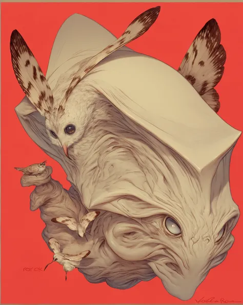 (big squid man:1.3),(murayama\ ryota), masterpiece, best quality, BREAK,animal, animal focus, bird, bug, looking at viewer, moth, no humans, owl, red background, white eyes, line art, ink style, 
