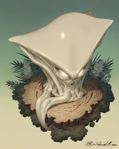 (big squid man:1.3),(murayama\ ryota), masterpiece, best quality, BREAK,animal, animal focus, tree stump, fox, , looking at viewer, (grumpy:0.4), (glowing eyes), (chibi:0.2), fern, still life, from above, no humans, green background, gradient background, d...