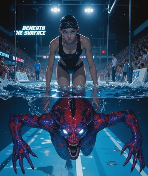 Cinematic movie poster, dramatic and detailed. A young professional swimmer is in position at the edge of a competition pool, her body low, arms bent, ready to dive in — her concentration is intense, eyes focused forward. She wears a tight, sleek competition swimsuit and a swim cap, goggles on her forehead, muscles tense in anticipation.
The lighting is intense and moody, with spotlights illuminating her from above in a high-stakes arena setting. Beneath her, the still surface of the pool reflects something terrifying — her same posture, but transformed: a red and violet-scaled reptilian creature with glowing white eyes, sharp facial features, and a chilling expression.
The reflection contrasts sharply with her human form, clearly showing a hidden dual identity. Water droplets and condensation enhance the atmosphere. The title: "BENEATH THE SURFACE" in bold, stylized text, hovers just above the waterline. Vibes of mystery, transformation, and suspense. Poster style: high contrast, sharp detail, cinematic lighting, surreal undertones.