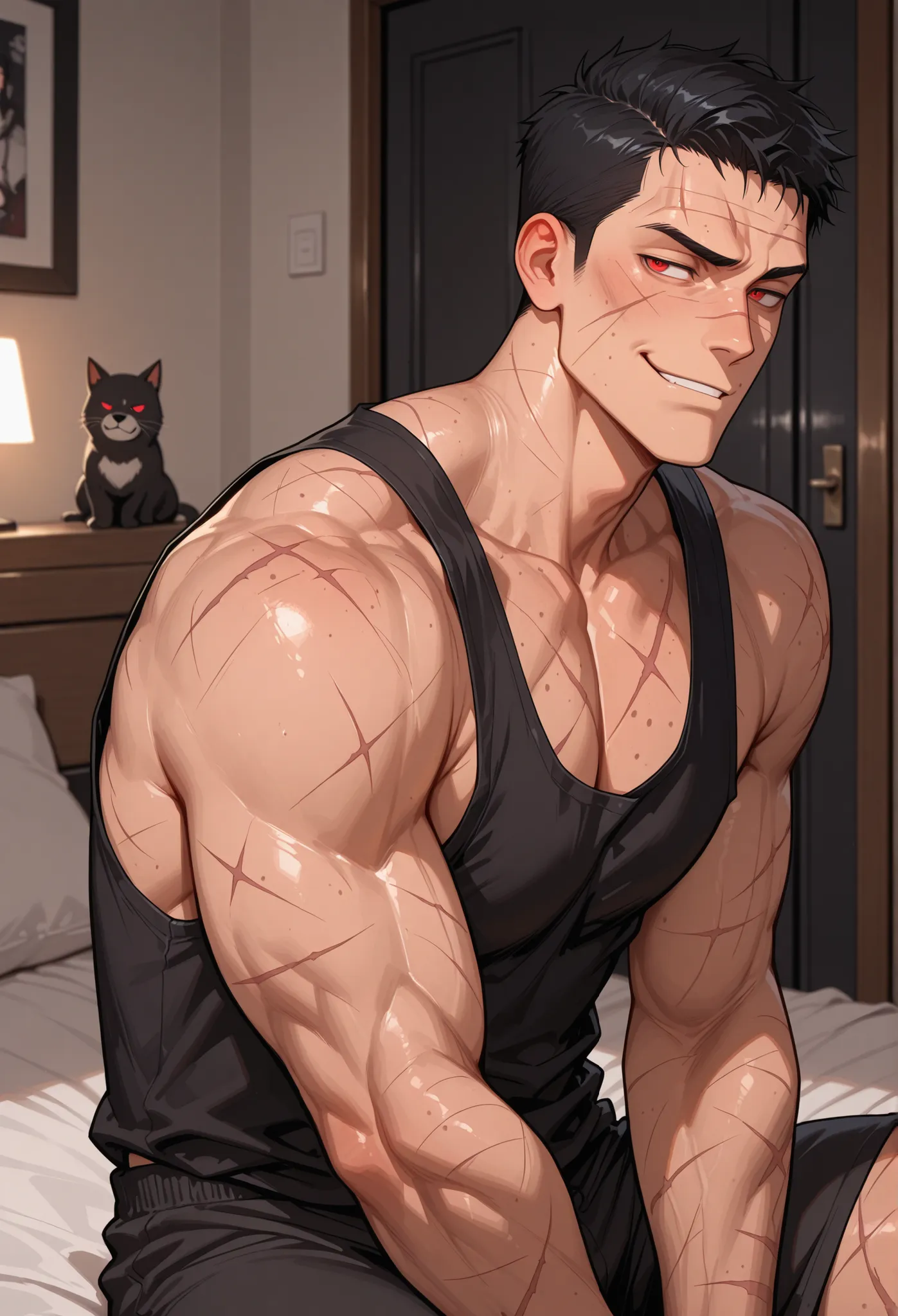 masterpiece, best quality, Male,1guy,muscular,Black hair,Red eyes,moles,sitting on bed,No beard,no mustache,smirking,black tank top,boxer,scars on face,scars on body,Bedroom,morning