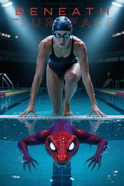 Cinematic movie poster, dramatic and detailed. A young professional swimmer is in position at the edge of a competition pool, her body low, arms bent, ready to dive in — her concentration is intense, eyes focused forward. She wears a tight, sleek competition swimsuit and a swim cap, goggles on her forehead, muscles tense in anticipation.
The lighting is intense and moody, with spotlights illuminating her from above in a high-stakes arena setting. Beneath her, the still surface of the pool reflects something terrifying — her same posture, but transformed: a red and violet-scaled reptilian creature with glowing white eyes, sharp facial features, and a chilling expression.
The reflection contrasts sharply with her human form, clearly showing a hidden dual identity. Water droplets and condensation enhance the atmosphere. The title: "BENEATH THE SURFACE" in bold, stylized text, hovers just above the waterline. Vibes of mystery, transformation, and suspense. Poster style: high contrast, sharp detail, cinematic lighting, surreal undertones.